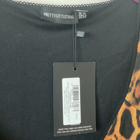 Pretty Little Thing Brown Leopard Print Exposed Stitch Detail Mesh Shift Dress - Picture 6 of 8
